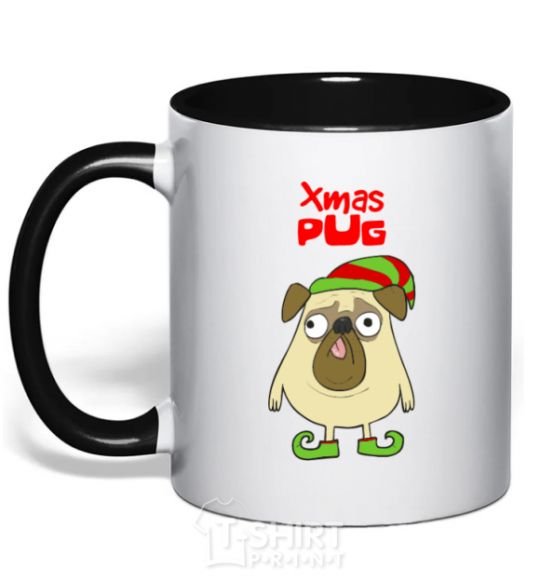 Mug with a colored handle XMAS PUG Elf black фото