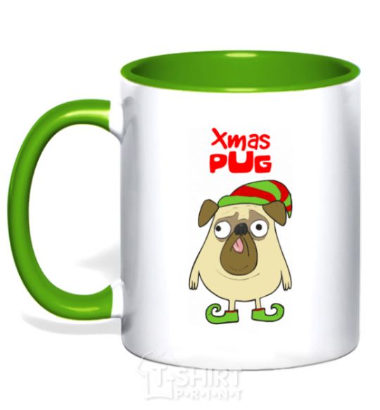 Mug with a colored handle XMAS PUG Elf kelly-green фото