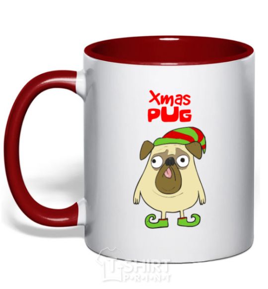 Mug with a colored handle XMAS PUG Elf red фото