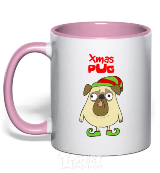 Mug with a colored handle XMAS PUG Elf light-pink фото