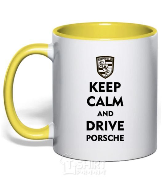 Mug with a colored handle Keep calm and drive Porsche yellow фото