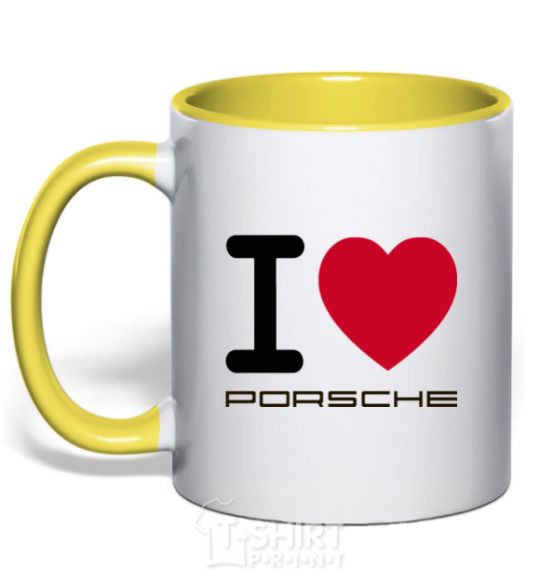 Mug with a colored handle I love Porsche yellow фото