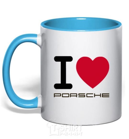 Mug with a colored handle I love Porsche sky-blue фото