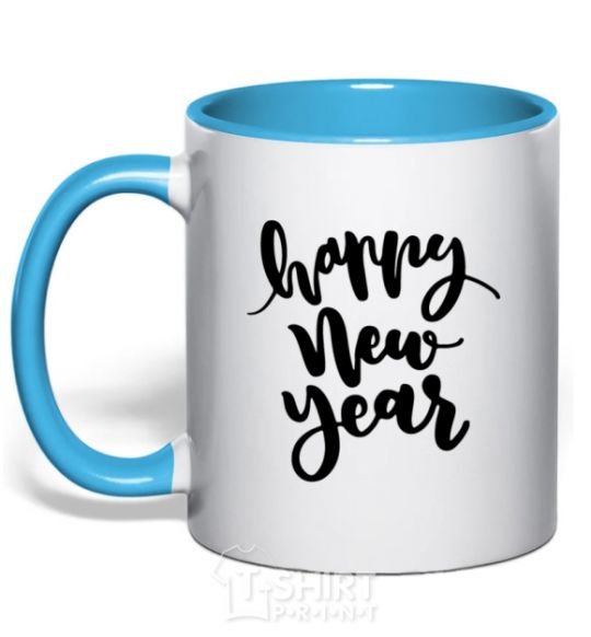 Mug with a colored handle Happy New Year Curvy sky-blue фото