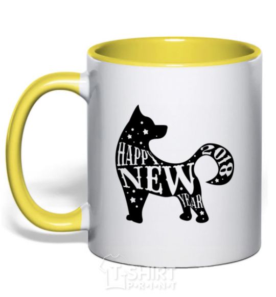 Mug with a colored handle Happy New Year 2018 dog yellow фото