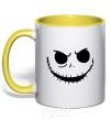 Mug with a colored handle Face with mouth sewn up yellow фото