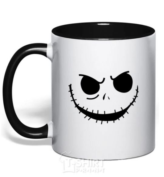 Mug with a colored handle Face with mouth sewn up black фото