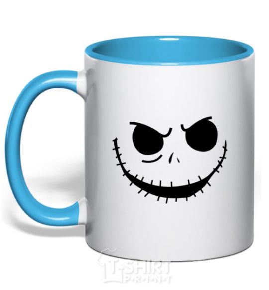 Mug with a colored handle Face with mouth sewn up sky-blue фото
