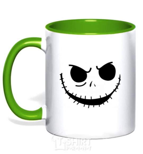 Mug with a colored handle Face with mouth sewn up kelly-green фото
