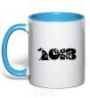 Mug with a colored handle Year of the dog 2018 snowflakes sky-blue фото