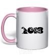 Mug with a colored handle Year of the dog 2018 snowflakes light-pink фото