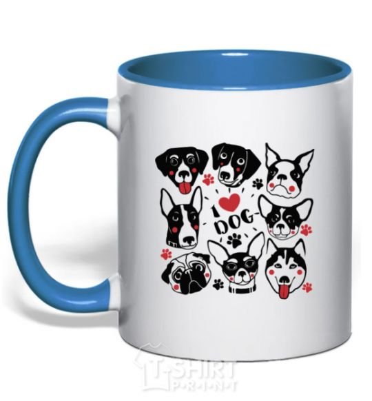 Mug with a colored handle I love dog royal-blue фото