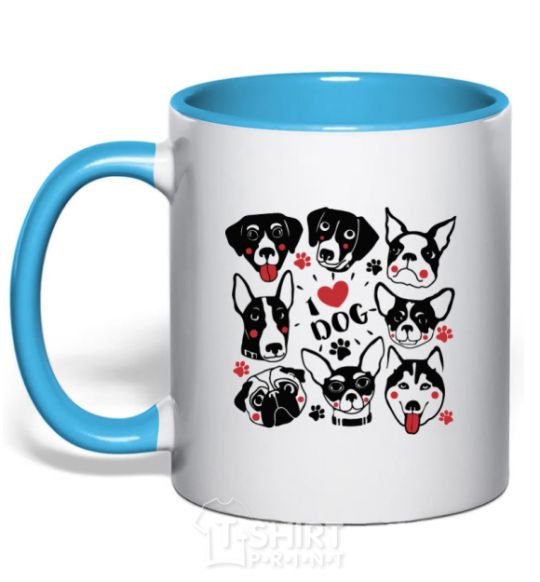 Mug with a colored handle I love dog sky-blue фото