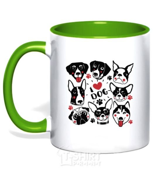 Mug with a colored handle I love dog kelly-green фото