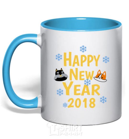 Mug with a colored handle Happy New 2018 sky-blue фото