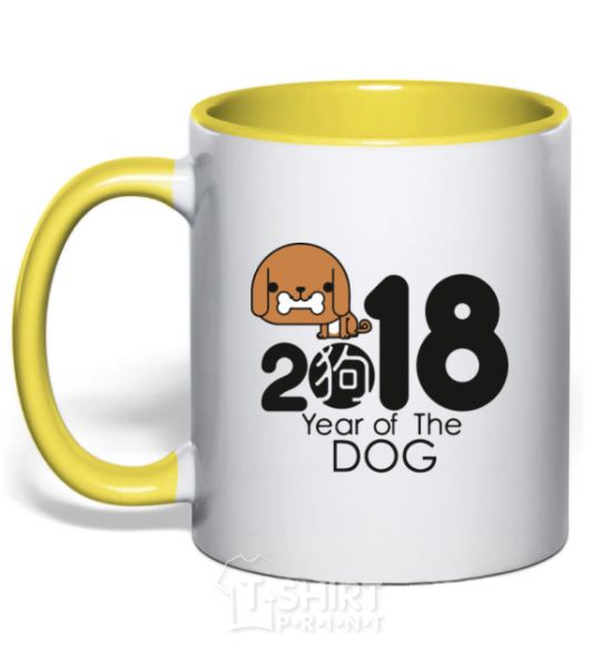 Mug with a colored handle 2018 Year of the dog yellow фото