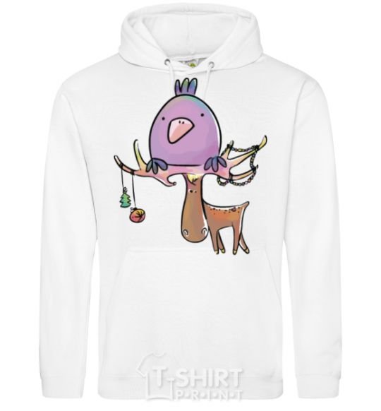 Men`s hoodie Funny deer&bird White фото