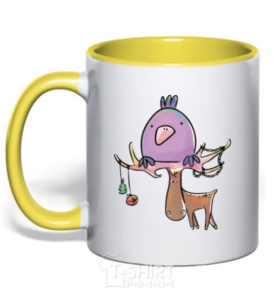 Mug with a colored handle Funny deer&bird yellow фото