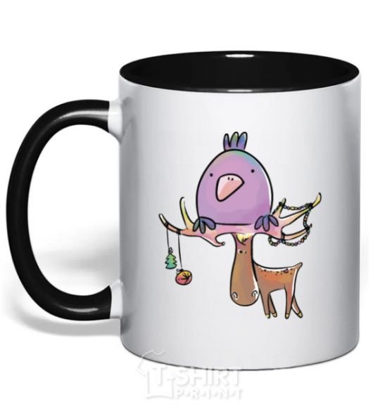 Mug with a colored handle Funny deer&bird black фото