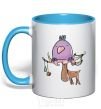 Mug with a colored handle Funny deer&bird sky-blue фото