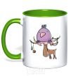 Mug with a colored handle Funny deer&bird kelly-green фото