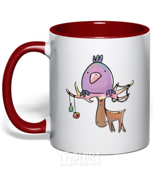 Mug with a colored handle Funny deer&bird red фото