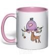 Mug with a colored handle Funny deer&bird light-pink фото