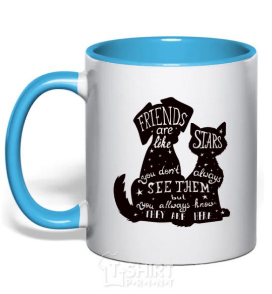 Mug with a colored handle Friends are like stars sky-blue фото