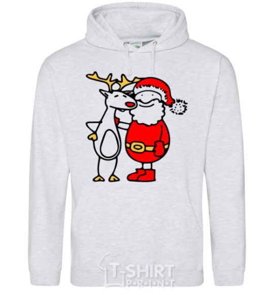Men`s hoodie Santa Claus and a moose sport-grey фото