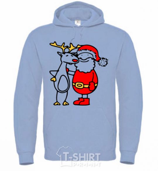 Men`s hoodie Santa Claus and a moose sky-blue фото