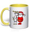 Mug with a colored handle Santa Claus and a moose yellow фото