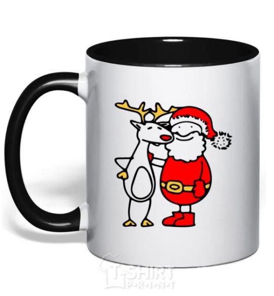 Mug with a colored handle Santa Claus and a moose black фото