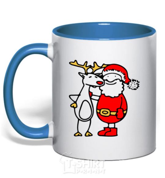 Mug with a colored handle Santa Claus and a moose royal-blue фото