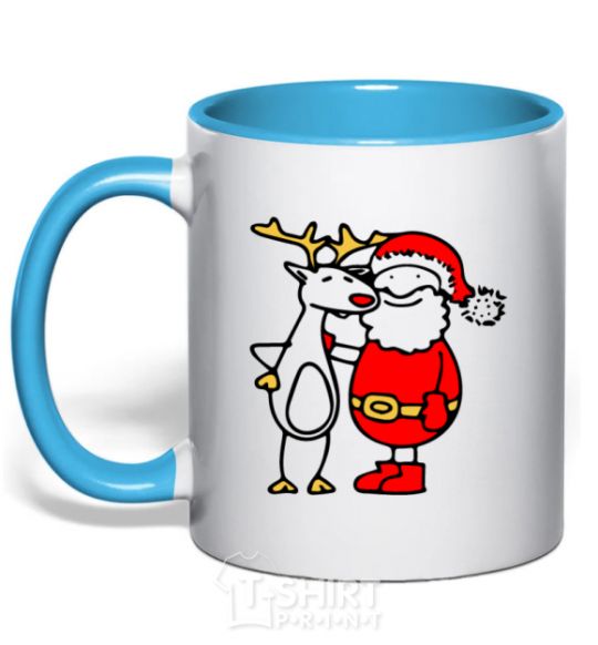 Mug with a colored handle Santa Claus and a moose sky-blue фото