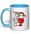 Mug with a colored handle Santa Claus and a moose sky-blue фото