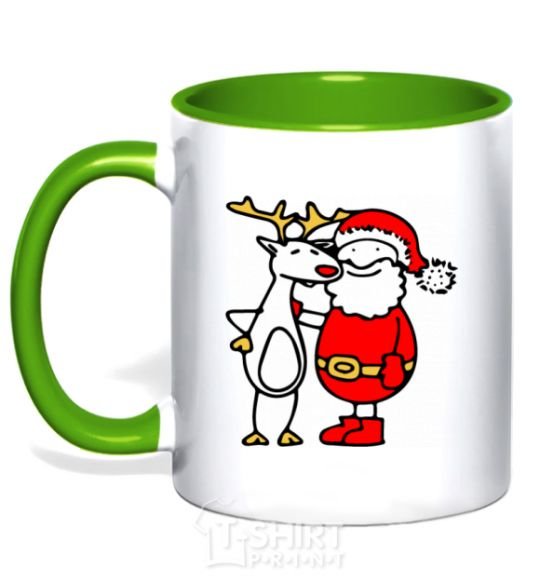 Mug with a colored handle Santa Claus and a moose kelly-green фото
