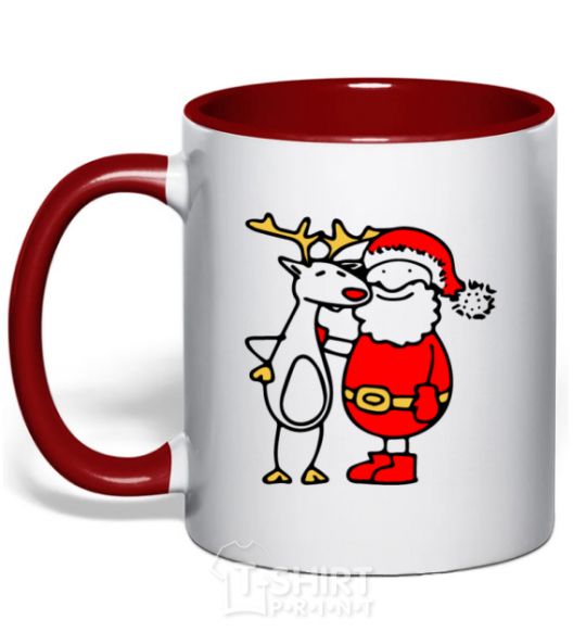 Mug with a colored handle Santa Claus and a moose red фото