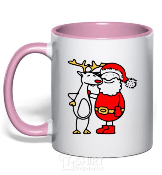 Mug with a colored handle Santa Claus and a moose light-pink фото