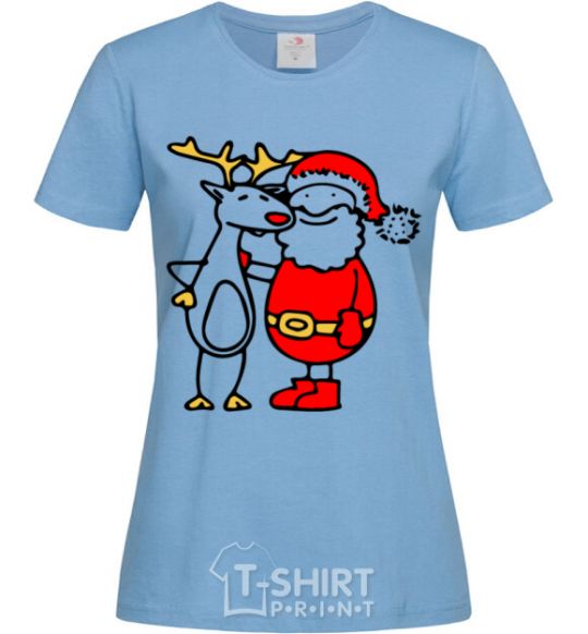 Women's T-shirt Santa Claus and a moose sky-blue фото