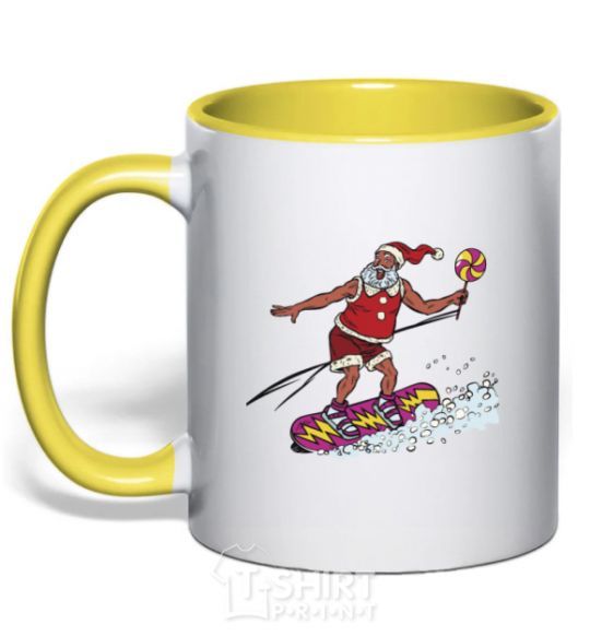 Mug with a colored handle Santa Claus is a snowboarder yellow фото