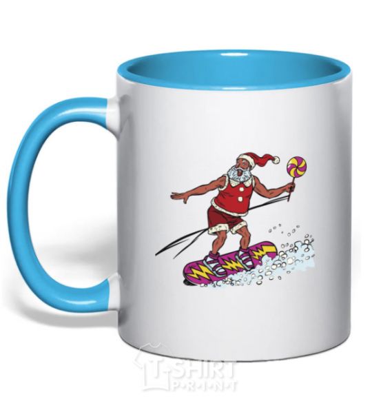Чашка с цветной ручкой Дед мороз сноубордист Голубой фото
