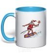 Mug with a colored handle Santa Claus is a snowboarder sky-blue фото