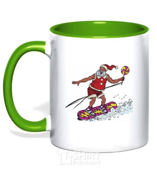 Чашка с цветной ручкой Дед мороз сноубордист Зеленый фото