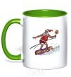 Mug with a colored handle Santa Claus is a snowboarder kelly-green фото