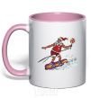 Mug with a colored handle Santa Claus is a snowboarder light-pink фото