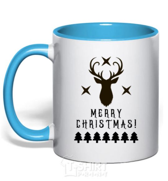 Mug with a colored handle Merry Christmas Black Deer sky-blue фото