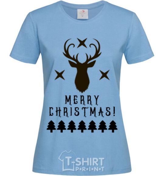 Women's T-shirt Merry Christmas Black Deer sky-blue фото