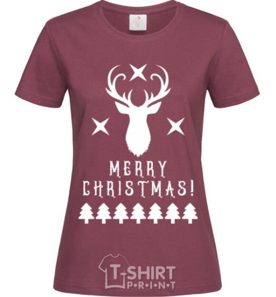 Women's T-shirt Merry Christmas Black Deer burgundy фото