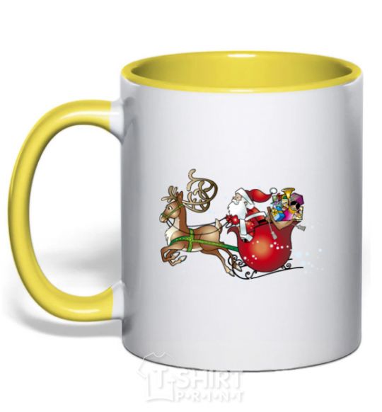 Mug with a colored handle Santa on a sleigh yellow фото
