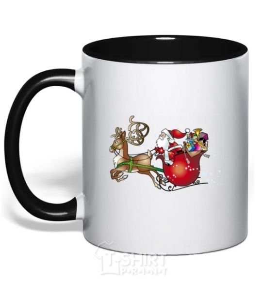 Mug with a colored handle Santa on a sleigh black фото